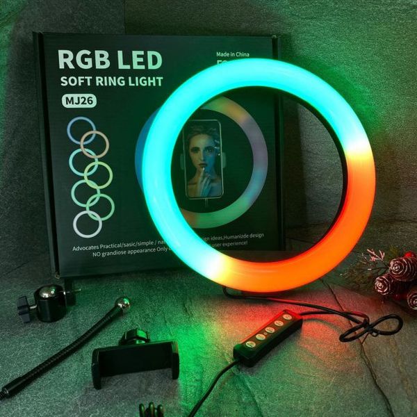 Кільцева світлодіодна лампа RGB LED RING MJ26 26 см з утримувачем телефону, кільцева лампа велика 56204 фото