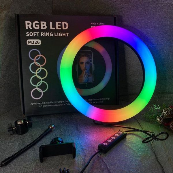 Кільцева світлодіодна лампа RGB LED RING MJ26 26 см з утримувачем телефону, кільцева лампа велика 56204 фото