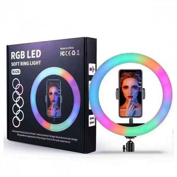 Кільцева світлодіодна лампа RGB LED RING MJ26 26 см з утримувачем телефону, кільцева лампа велика 56204 фото